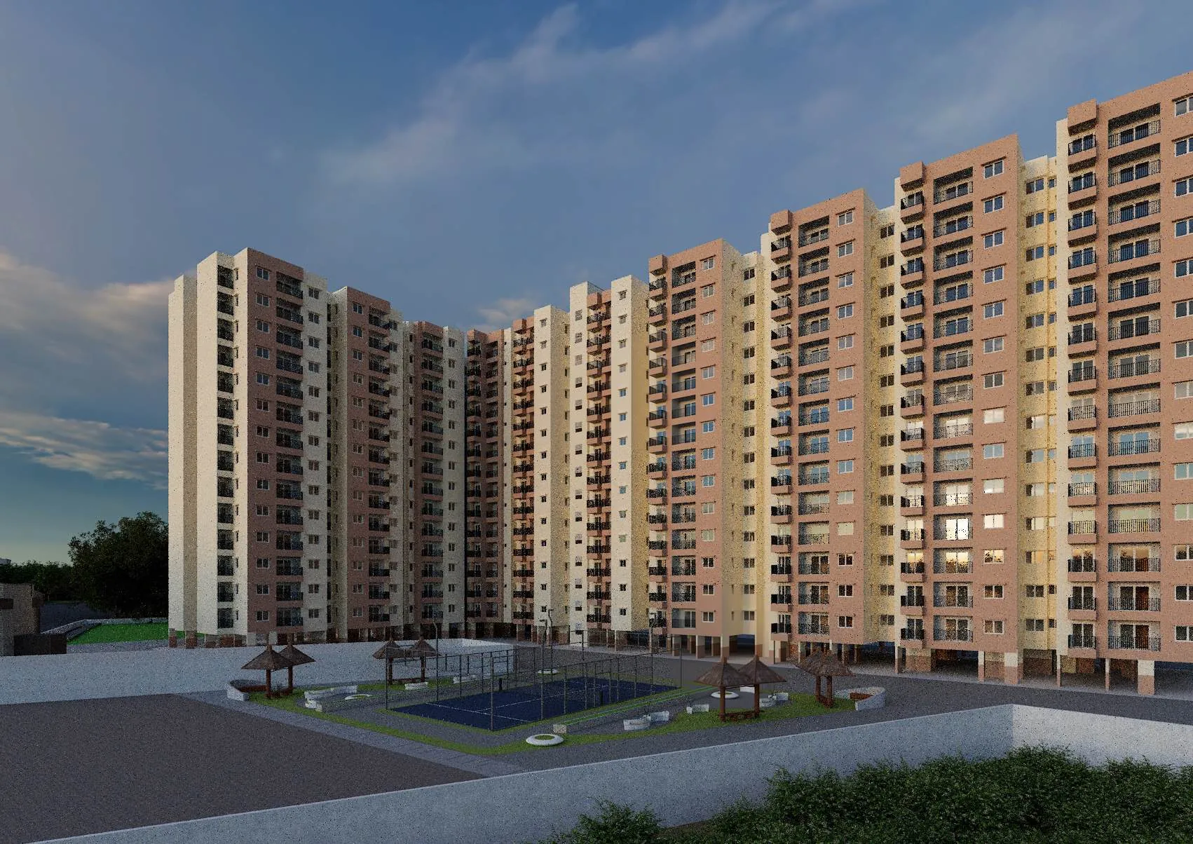 Sowparnika The Native courtyard and towers, from the developer’s artist impression